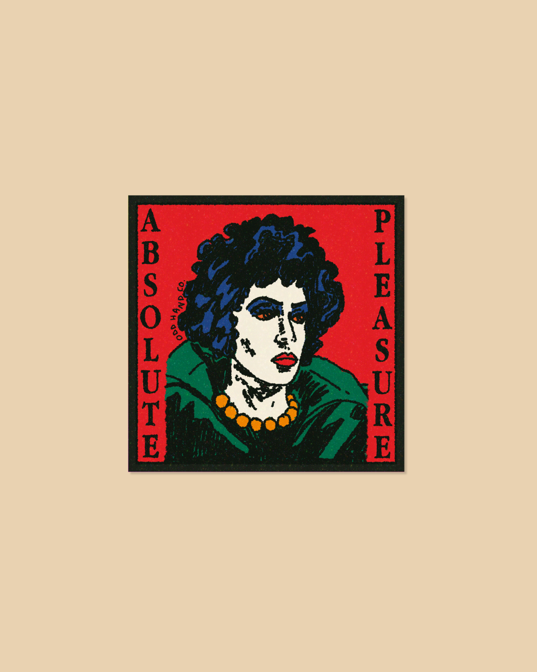 A square graphic patch featuring a stylized portrait of a Tim Curry with dark curly hair, red lips, and a green top against a red background, with the words 'ABSOLUTE' on the left and 'PLEASURE' on the right.
