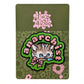 Patch with a cat design and 'anarchist' text on a green background with floral patterns.
