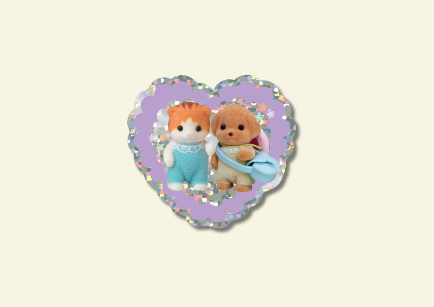 Two small sylvanian characters on a heart-shaped purple background with colorful border