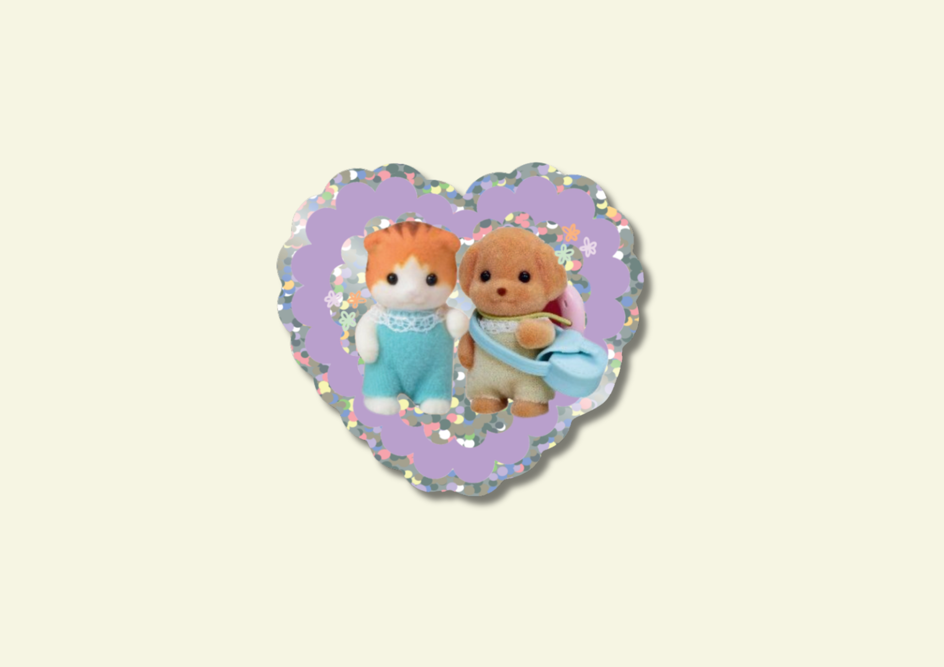 Two small sylvanian characters on a heart-shaped purple background with colorful border