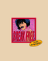 A sticker featuring a person with dark hair and a mustache against a pink patterned background, with large red text reading &