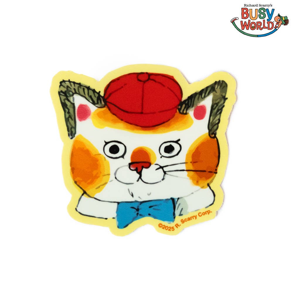 Cartoon cat with a red hat and blue bow tie on a white background, featuring the 'Richard Scarry's Busy World' logo.