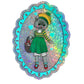 Illustration of a cat in a green dress and hat with a glittery border