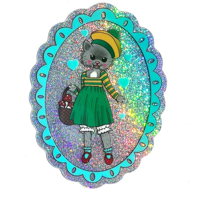 Illustration of a cat in a green dress and hat with a glittery border