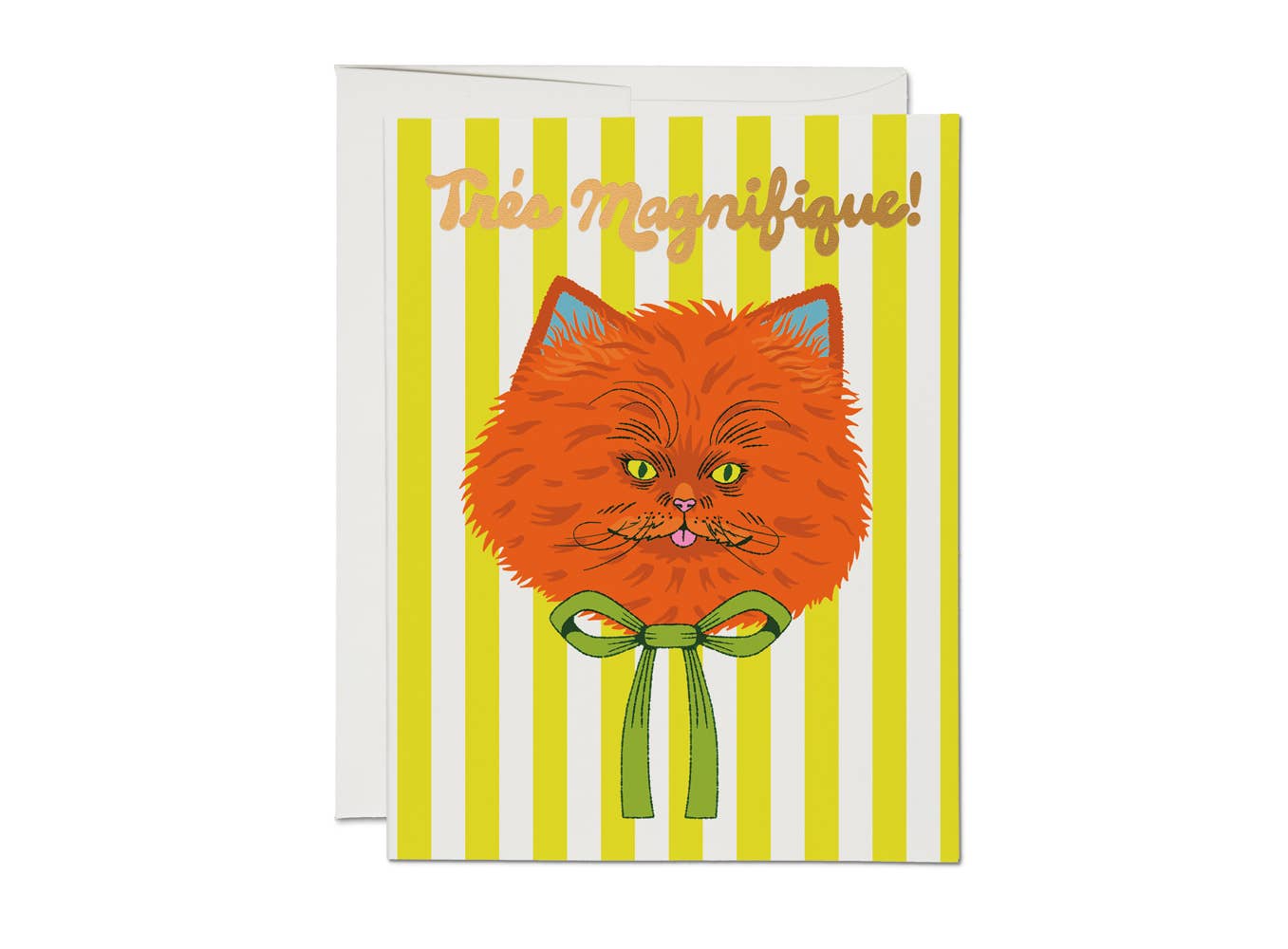 Card with a orange cat illustration and 'Trés Magnifique!' text on a yellow striped background