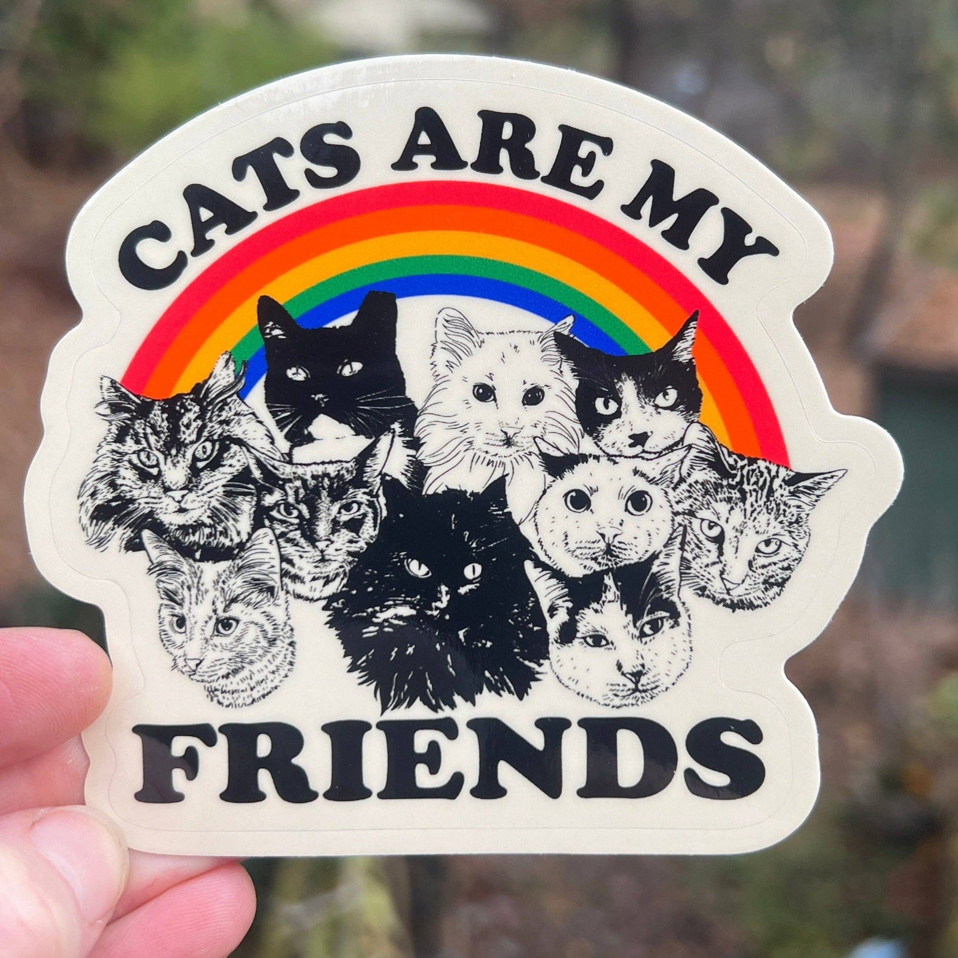 Cats are my friends sticker on a blurred background held by a hand