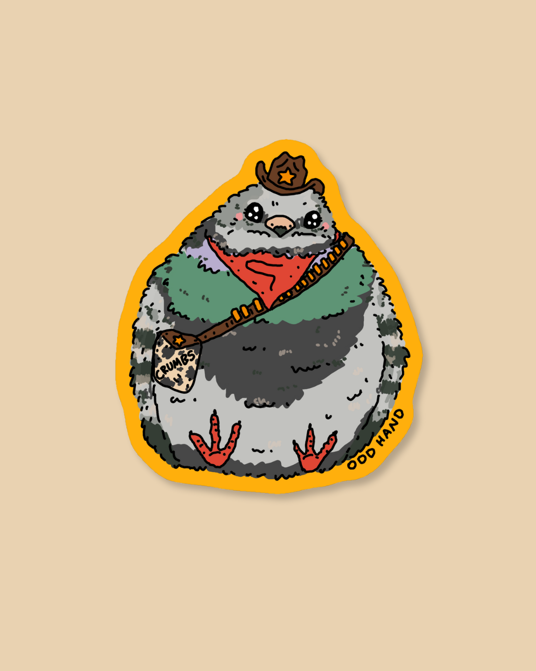 A die-cut sticker featuring a cartoon pigeon dressed in western attire, including a cowboy hat, red bandana, green vest, and a guitar, set against a solid beige background.