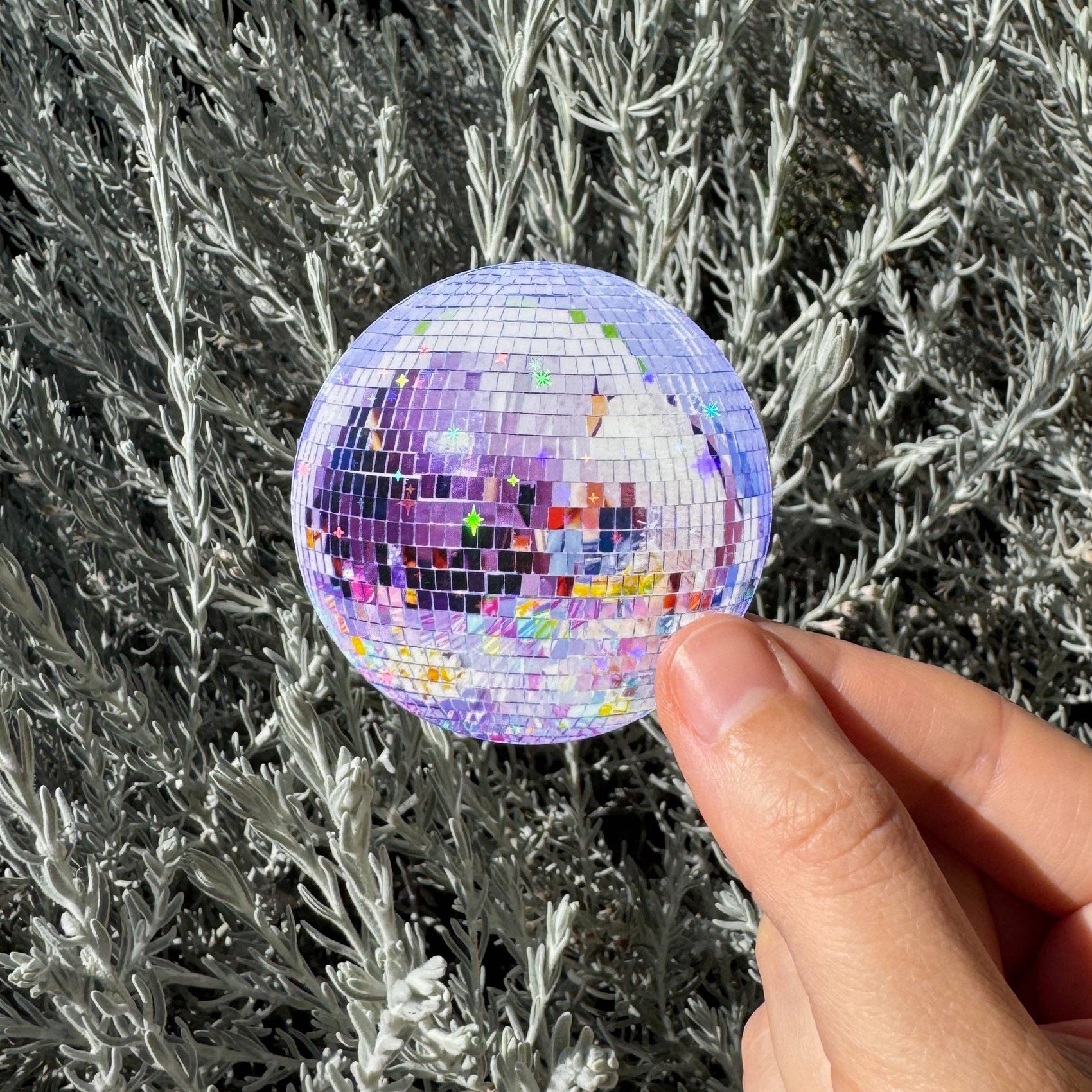 Hand holding a disco ball sticker in front of a bush