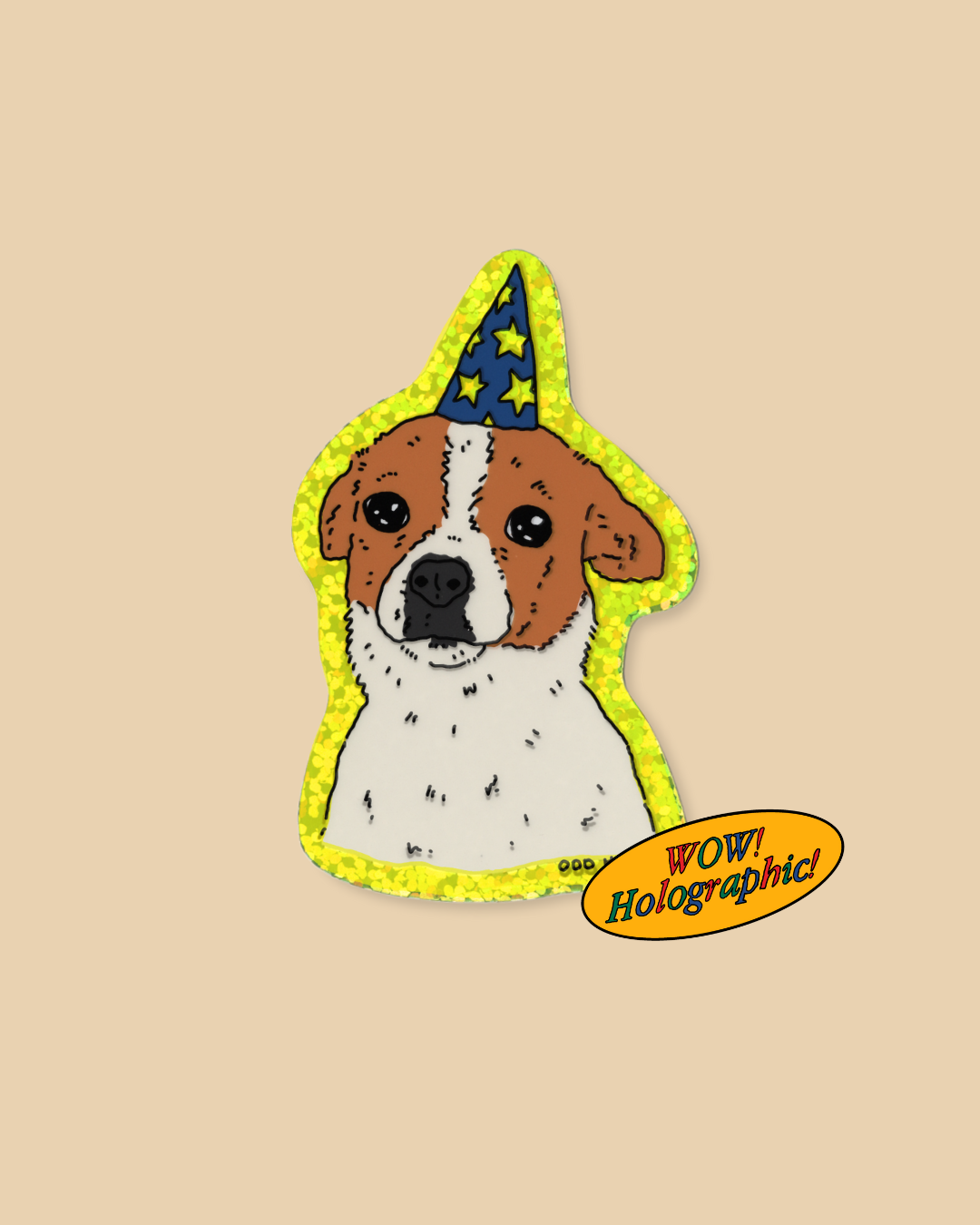 A die-cut holographic sticker or patch featuring a cartoon dog face with brown and white fur, wearing a blue wizard hat with yellow stars, on a beige background. A yellow oval callout reads 'WOW! Holographic!'.