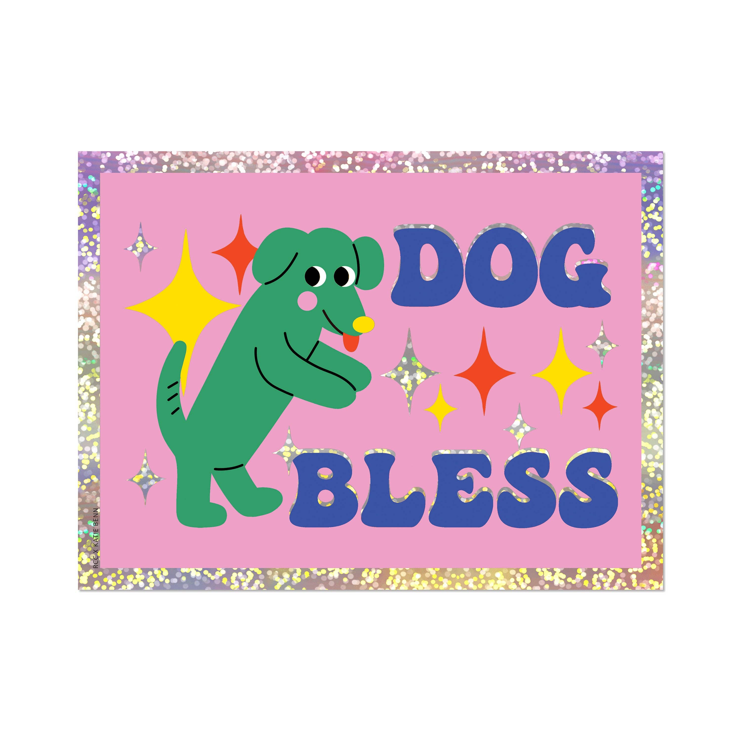 Cartoon dog holding a heart with 'DOG BLESS' text on a pink background