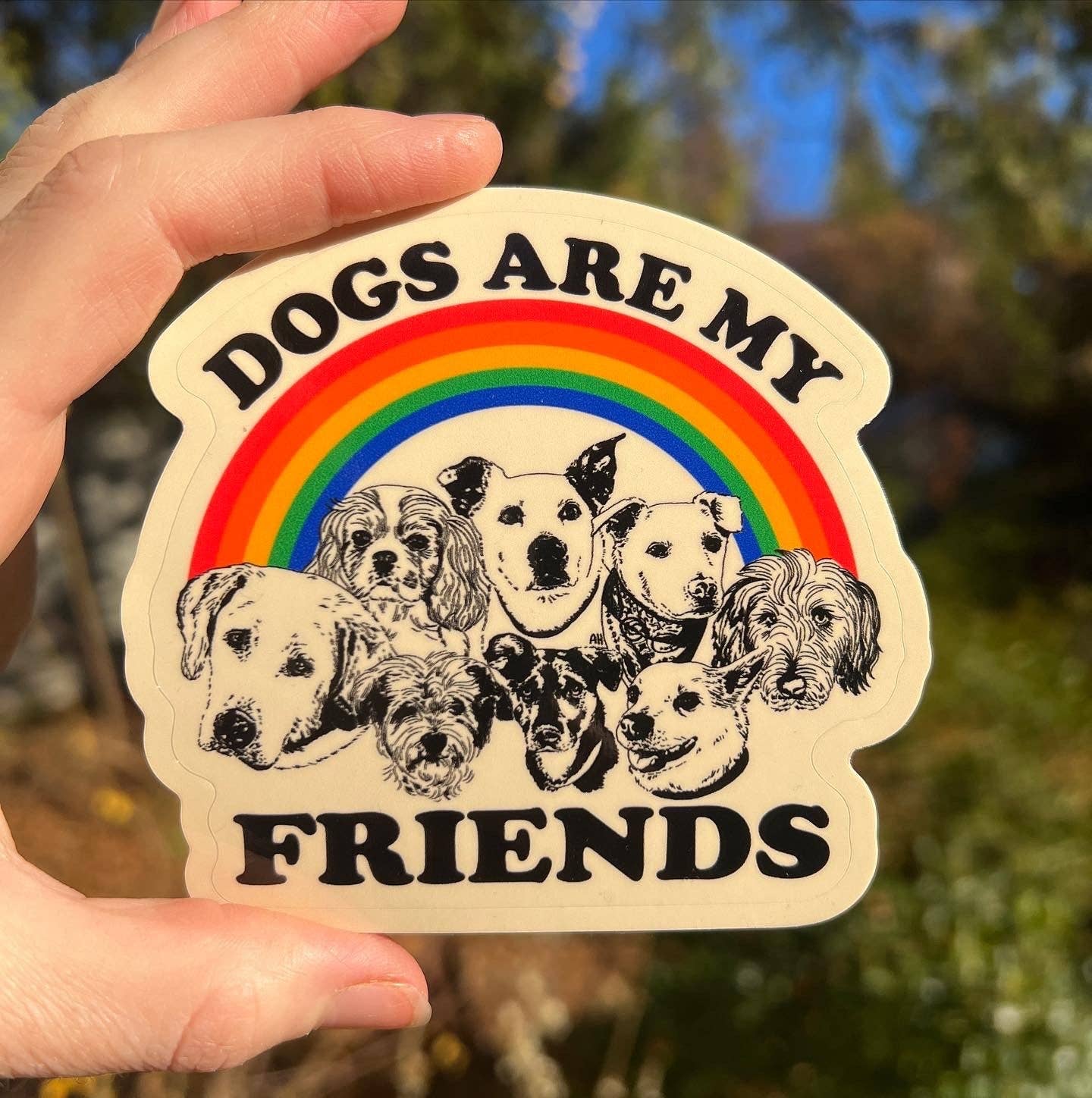 Sticker with dogs and rainbow design held by a hand outdoors