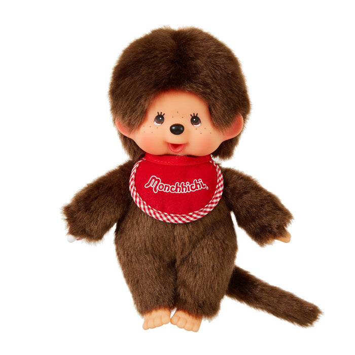 Monchhichi with a red bandana featuring 'Monchhichi' on a white background