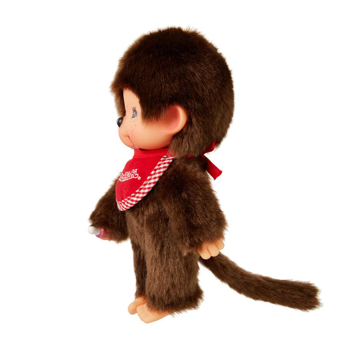 Monchhichi with a red bandana on a white background
