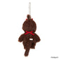 Brown plush keychain with a red bow on a white background