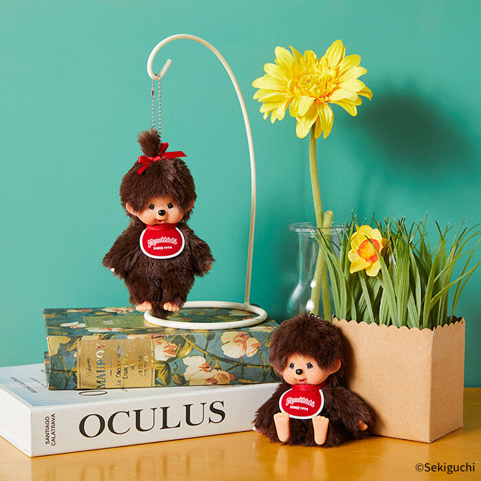 Two small brown plush toys with red bows on books against a teal background