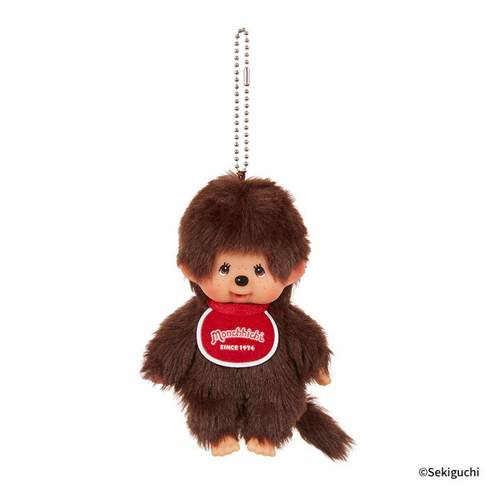 Plush Monchhichi  keychain with a red bandana featuring 'Sekiguchi' logo on a white background.