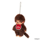Plush Monchhichi  keychain with a red bib on a white background