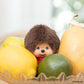 Monchhichi  surrounded by fruits and vegetables with a blurred natural background