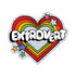 Heart-shaped sticker with rainbow design and the word &