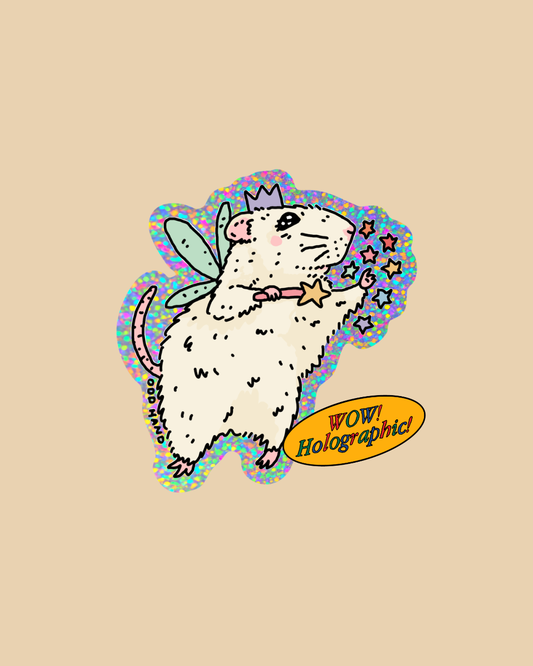 Holographic rat sticker with fairy wings on a beige background