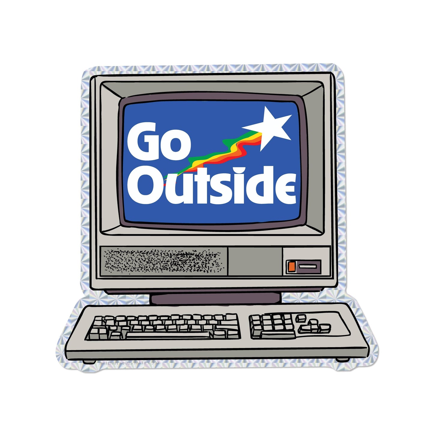 Vintage computer sticker with 'Go Outside' text on the screen