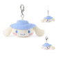 Plush keychain of cinnamoroll wearing a blue hat on a white background