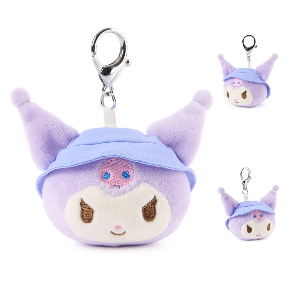 Plush keychain of Kuromi wearing a blue hat on a white backhround
