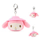 Plush keychain of My Meody wearing a pink hat on a white background