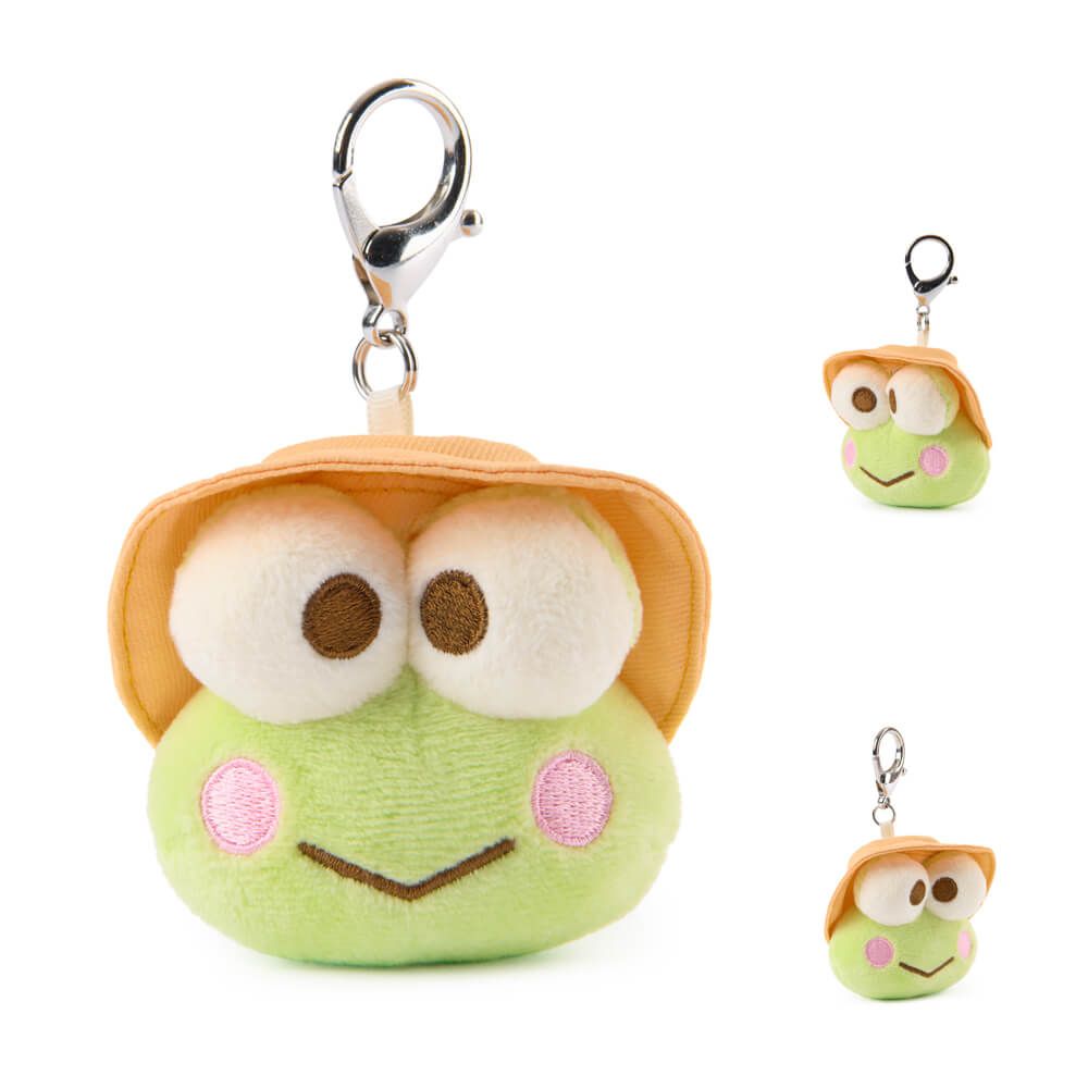 Plush frog Keroppi keychain with a hat on a white background