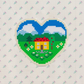 Heart-shaped pixel art design of a house with a garden on a patterned background