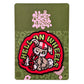 Embroidered patch with 'Hell on Wheels' design on a green card with floral patterns