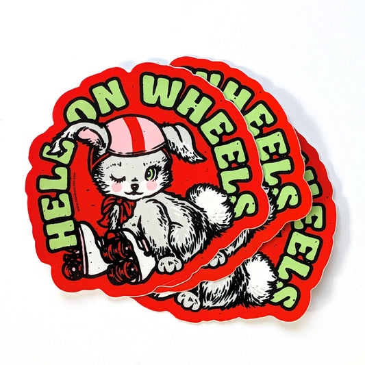 Sticker with a bunny and 'Hell on Wheels' text on a white background