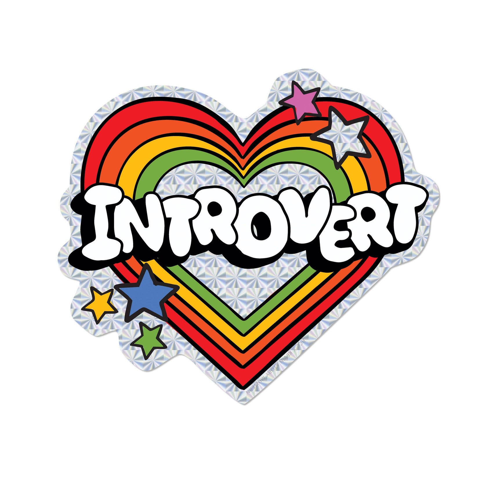 Heart-shaped sticker with rainbow design and the word 'Introvert' on a holographic background