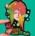 Colorful sticker with a stylized face and text &