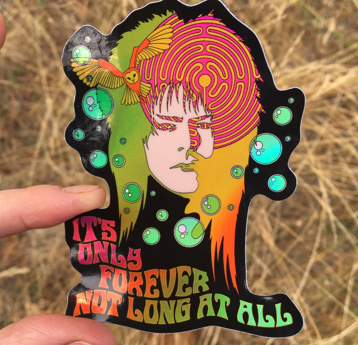 Sticker with colorful design of a person with a bird on their head and text 'It's only forever not long at all' held against a natural background.
