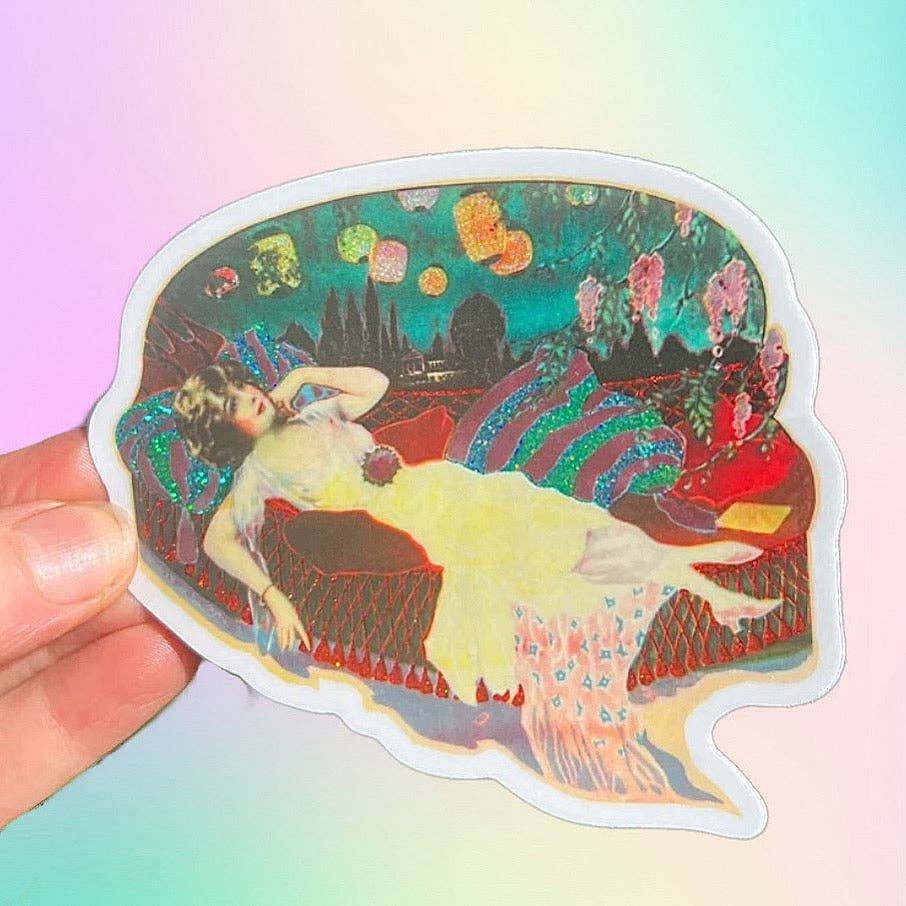Sticker of a woman in a yellow dress with a colorful, artistic background held against a gradient background.