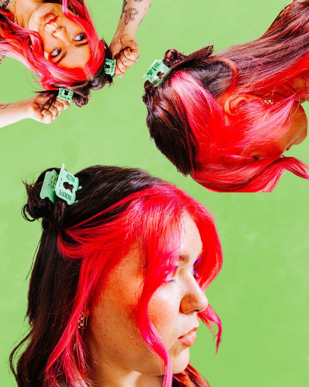Three perspectives of a person with red and black hair styled with green hair clips on a green background.