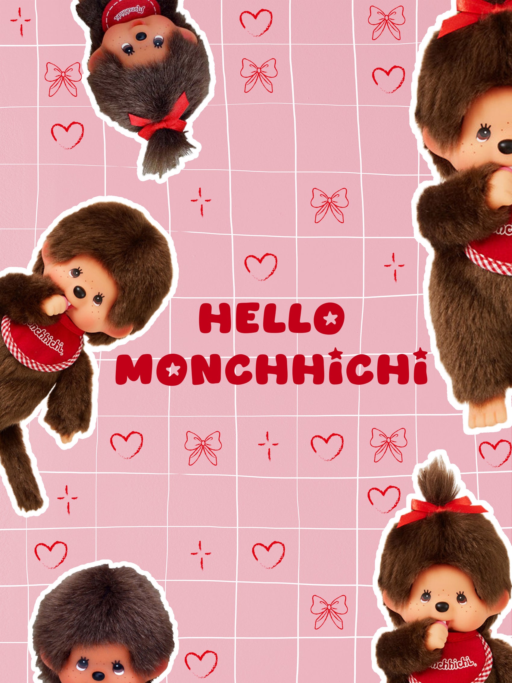 Pink Monchichi-themed graphic with repeated plush character cutouts, red bow and heart motifs, and the text 'HELLO MONCHICHi' in the center.
