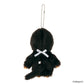 Black Monchhichi plush keychain with a white ribbon on a white background
