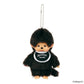 Plush Monchhichi keychain with a black outfit and black collar on a white background