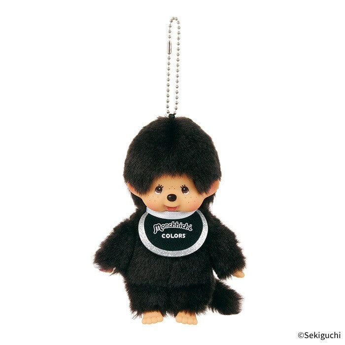 Plush Monchhichi keychain with a black outfit and black collar on a white background