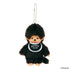 Plush Monchhichi keychain with a black outfit and black collar on a white background