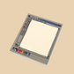 A square notepad with a retro computer graphics window illustration, featuring a blank white drawing area and a color palette bar, shown on a solid beige background.