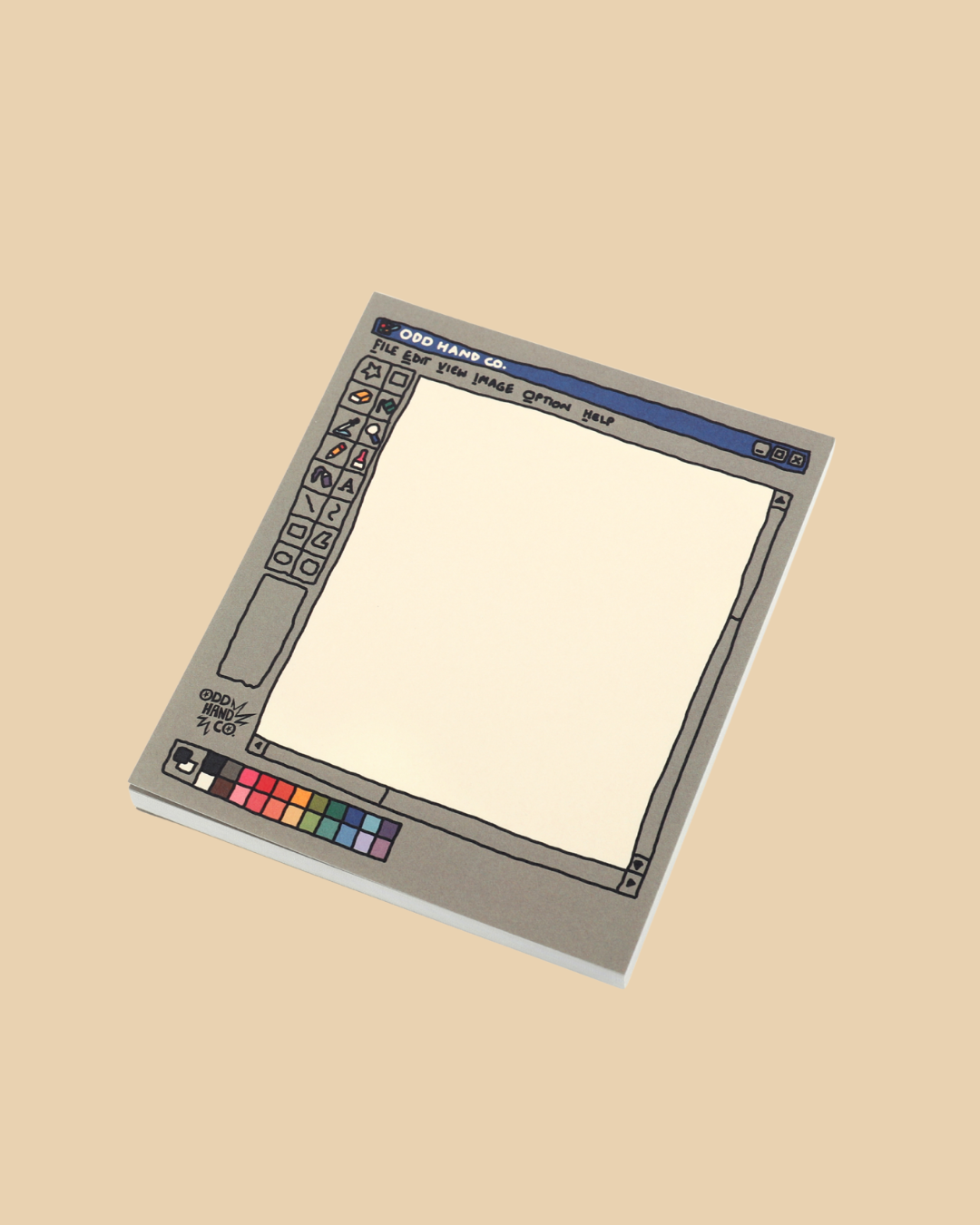 A square notepad with a retro computer graphics window illustration, featuring a blank white drawing area and a color palette bar, shown on a solid beige background.