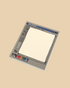 A square notepad with a retro computer graphics window illustration, featuring a blank white drawing area and a color palette bar, shown on a solid beige background.