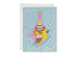 Greeting card with a colorful lion wearing a party hat on a blue and white wavy patterned background