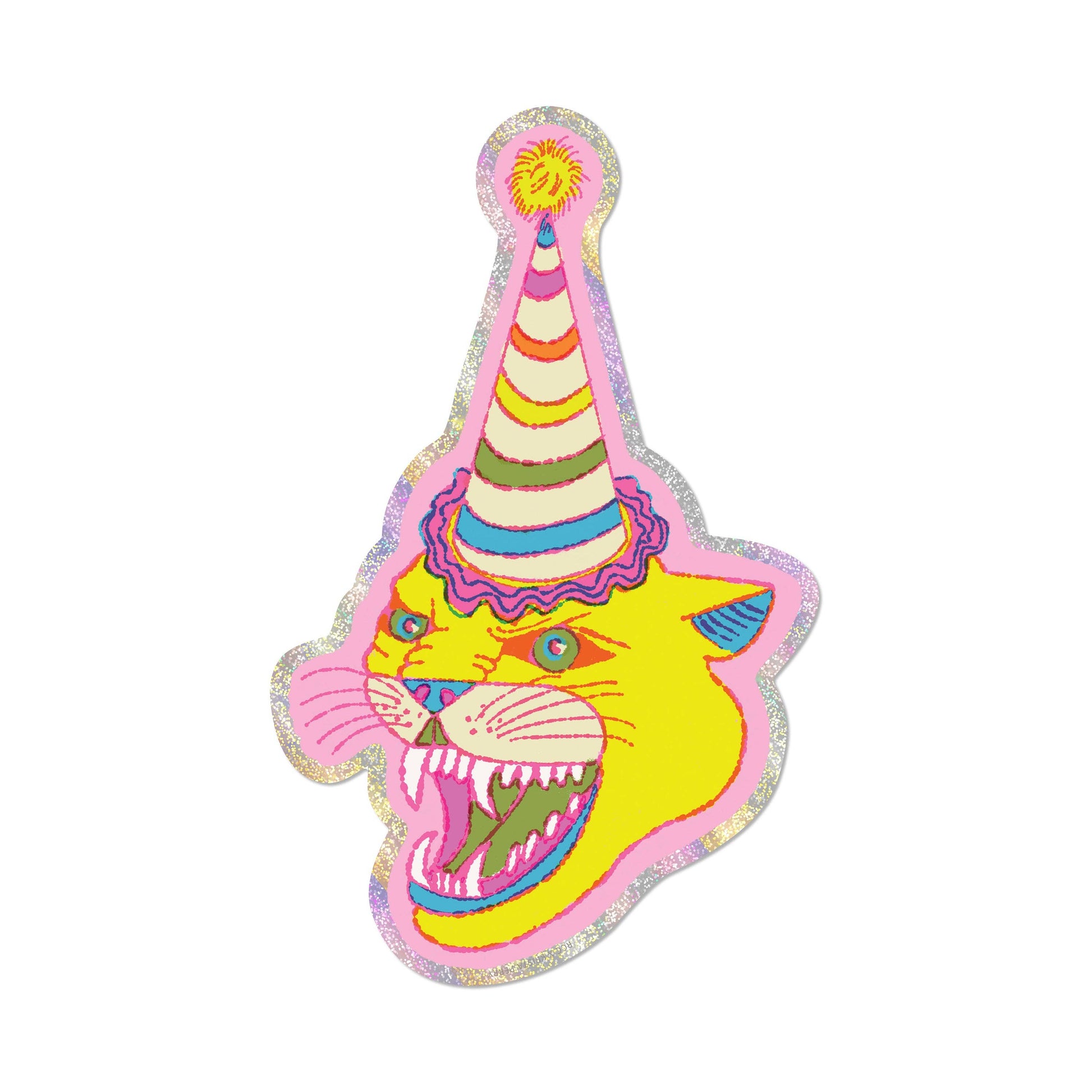 Colorful cat-shaped stickerwith a party hat on a glitter background