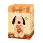 Peanuts plush keychain packaging with a dog character holding bread