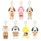 Set of small plush keychains featuring cartoon characters on a white background