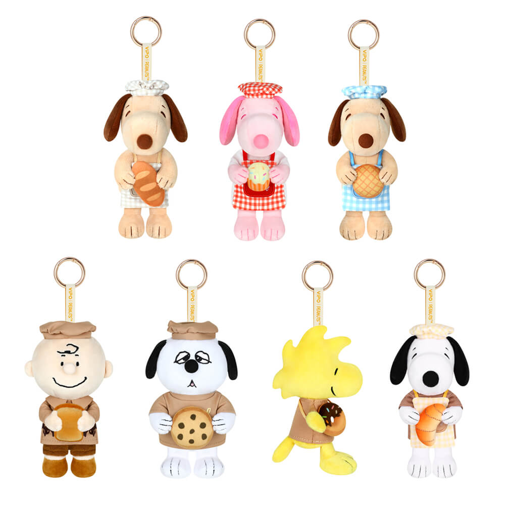 Set of small plush keychains featuring cartoon characters on a white background